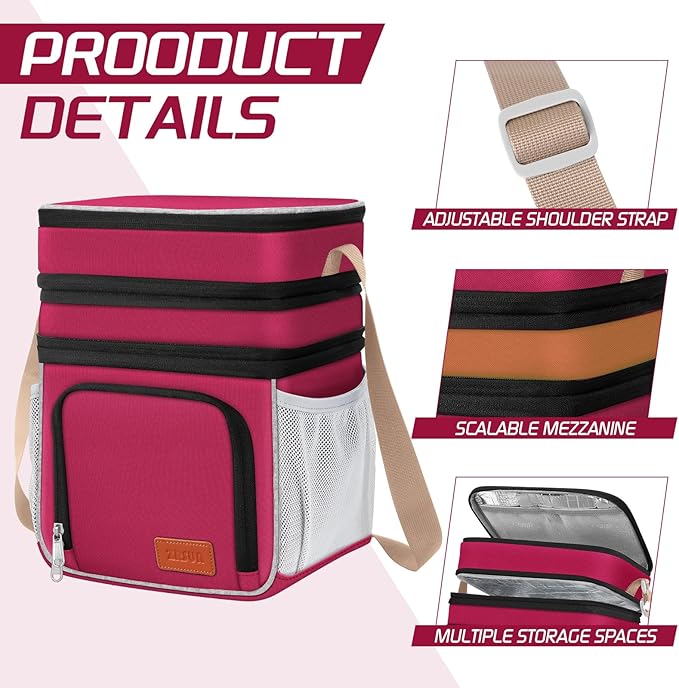 Insulated Lunch Bag for Women Men, Reusable 3 Layers Lunch Box Women, Expandable Reusable Water-resistant Lunch Box for Work Travel Office Picnic Hiking (Red)
