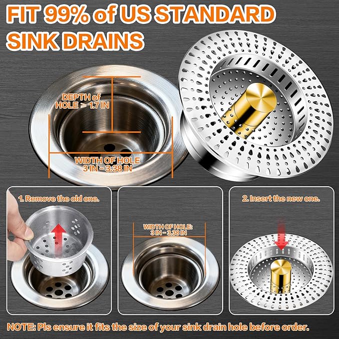 Kitchen Sink Drain Strainer & Sink Stopper - 18/8 Stainless Steel - 5-in-1 Upgraded Sink Strainer with Basket, Sink Plug Drain Cover Fits US Standard 3-1/2'' Sink Drain Hole