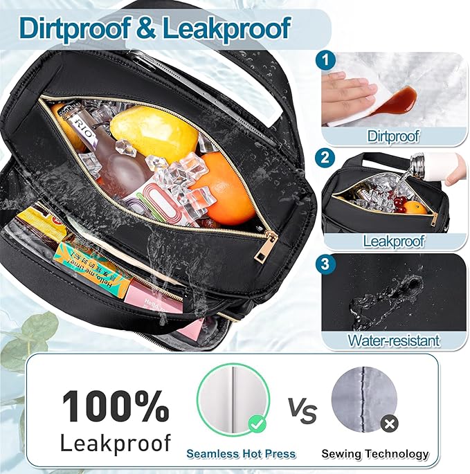 Lunch Bag Lunch Box Women - Insulated Lunch Tote Bag for Women Men, Leakproof Large Womens Lunch Bags for Work, Lunch Cooler Bag for Adult with Side Pocket for Picnic, Hiking, Beach (Black)