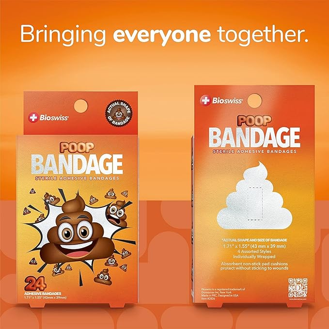 BioSwiss Kids Bandages, Poop Shaped Self Adhesive Bandage Set, Latex Free, Sterile Wound Care, 24 Count