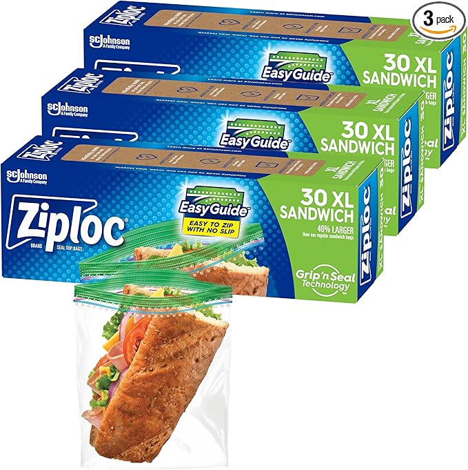 Ziploc XL Sandwich and Snack Bags with EasyGuide Texture, Plastic Storage Bags with Grip 'n Seal Technology, 90 Bags Total