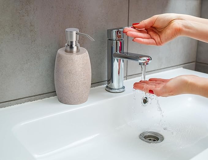 Sandstone Textured Resin Soap Dispenser with Metallic Pump and Waterproof Bottle Labels for Bathroom Kitchen Dish Hand Wash Shower Lotion Shampoo, 12 Oz, 2 Sets Beige