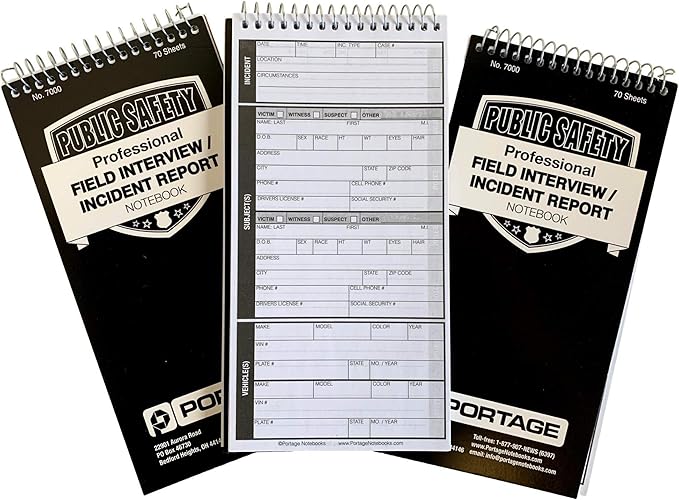 Public Safety Notebook – Spiral Notebook, Notepad, Writing Pad with Template for Interviews, Accidents & Incident Reports, Field Book for Police – 4 x 8 Inches, 70 Sheets / 140 Pages (Pack of 3)