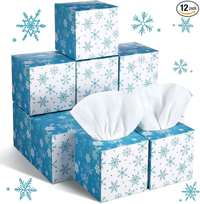 Bencailor 12 Pack Snowflake Facial Tissues Cube Boxes Winter Christmas Tree Square 600 Sheets 3 Ply Small Tissues Cube Boxes for Home Car Accessories(Blue and White,Snowflake)