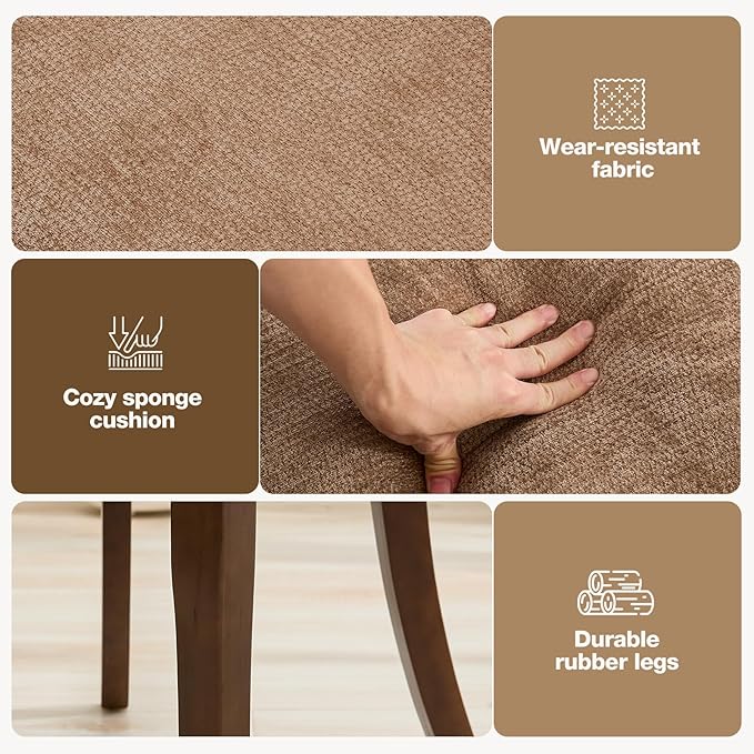 UVV Wooden Dining Chairs Set of 6, Mid Century Modern Upholstered Dining Room Chair Kitchen Chairs, Chenille Dinner Chair with Solid Wood Legs for Kitchen Dining Room, Khaki-Chenille