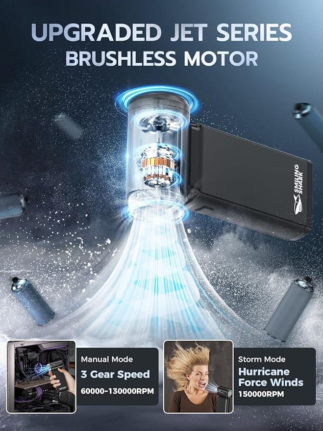 Smiling Shark Compressed Air Duster, J02 Super Power 150000RPM Aluminum Electric Air Duster with Mini Vacuum Cleaner, 2 Modes (Normal&Storm) Adjustable Dust Blower for PC/Outdoor/House/Car