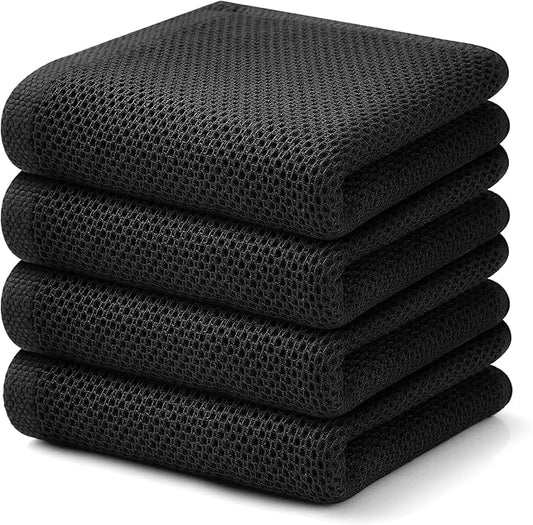Kitinjoy 100% Cotton Waffle Weave Kitchen Towels, 4-Pack Super Soft and Absorbent Dish Towels for Drying Dishes, Kitchen Hand Towels, 13 in x 28 in, Black