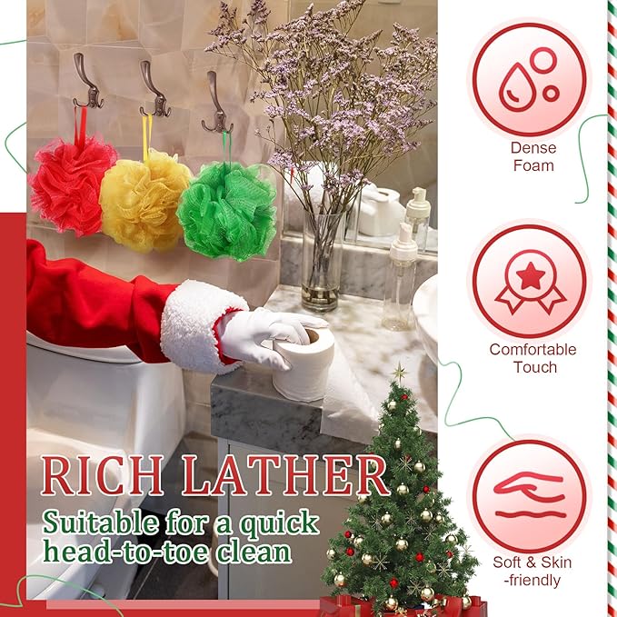 24 Pcs Christmas Bath Loofah Sponge Red Green Loofah Exfoliating Body Scrubber Shower Sponge 50g Mesh Shower Pouf Balls Gift Set for Women Men Christmas Bathing Accessories(Red,Green,Gold)