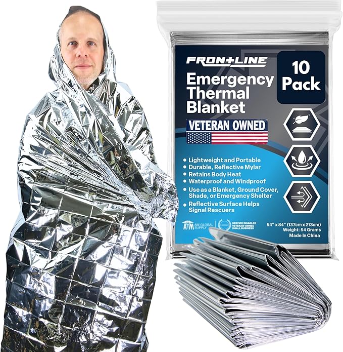 FRONTLINE Emergency Thermal Blankets Large 54" x 84" Mylar Blankets Survival Gear Camping Gear Emergency Space Blanket First Aid for Survival (10)