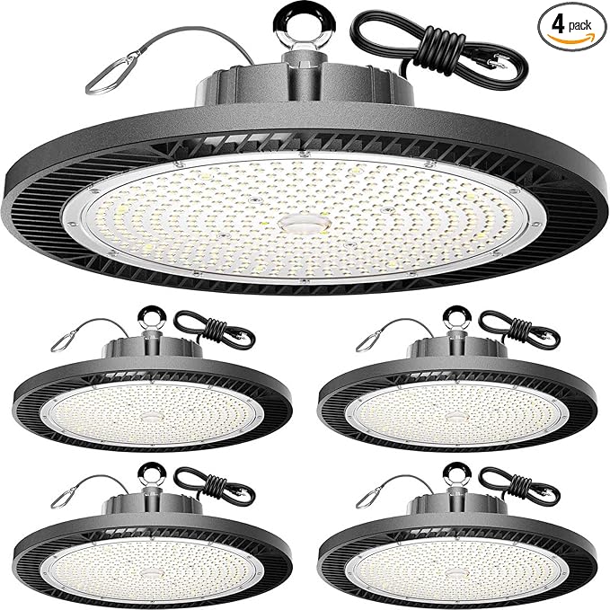 UFO LED High Bay Light Super Bright 200W 5000K with Plug&5ft Cabl high Bay led Shop Lights for Gym Lighting,led Lights for Garage, barn,Warehouse 4PACK