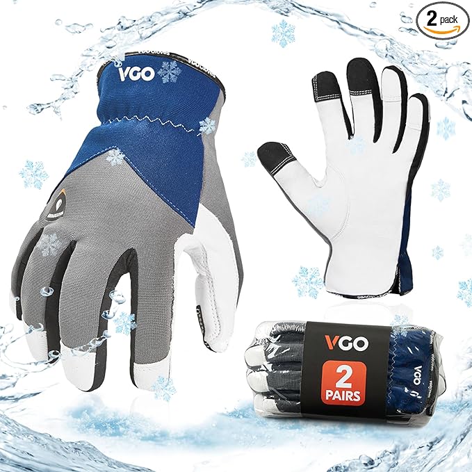 Vgo... 2Pairs 0℃/32°F Winter Leather Work Gloves, Cold Weather Waterproof Safety Work Gloves,Cold Storage or Freezer Use,w/3M Thinsulate Lining(Size S, Gray, GA7711FW)
