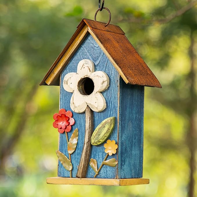 Glitzhome 10.2" H Hanging Bird House for Outdoor Patio Garden Decorative Birdhouse Pet Cottage Distressed Wooden Birdhouse, Flower Rustic Blue