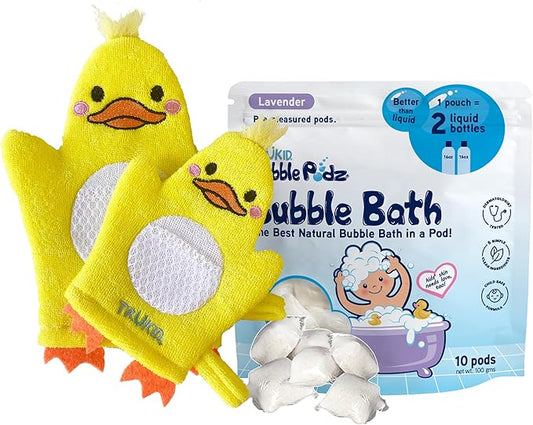 TruKid Lavender Bubble Podz & BubbleGlove Set – Bubble Bath Pods with 2 Wash Gloves for a Calming Bath Routine