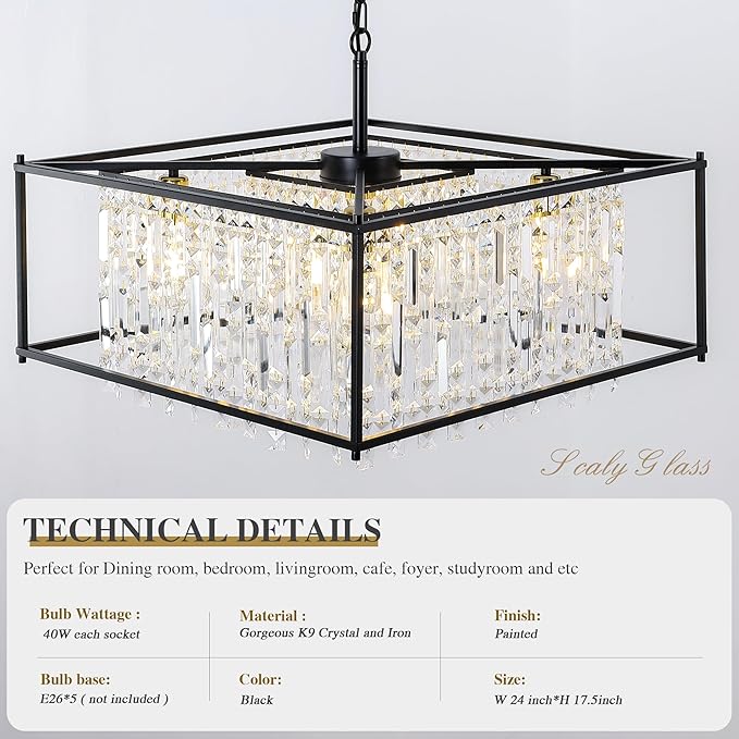 Black Chandeliers for Dining Room, Black Square Lndustrial Chandelier Crystal Pendant Light for Kitchen Island Dining Room Living Room Flat and Inclined Ceiling,L24 x W24 x H17.5