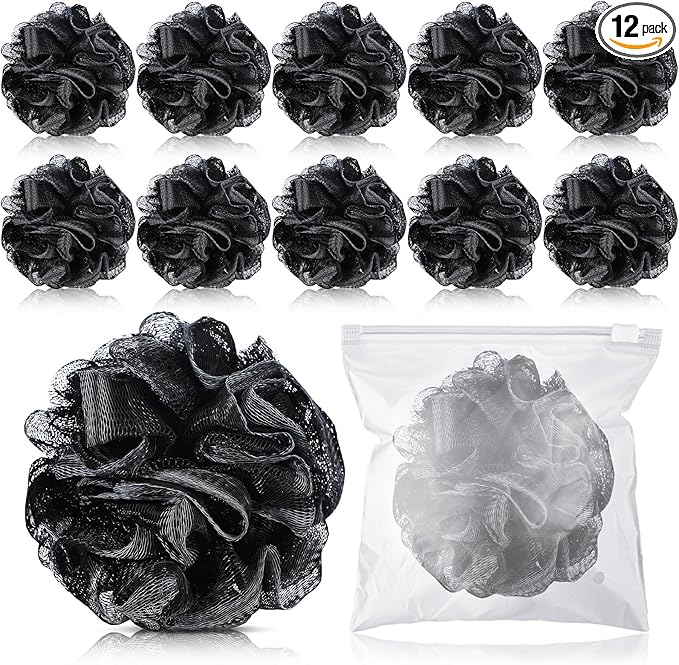 12 Pcs Travel Size Loofah Individually Wrapped, Small Shower Puff Bath Sponge Pouf Ball Bulk Mesh Bath Puff Mini Loofah Sponge with Case Bulk for Shower Care (25g,Black)