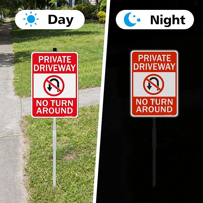 GicnKeuz Private Driveway No Turn Around with 36" Metal Stake Signs, 14 x 10 Inches Reflective Aluminum Signs, Fade Resistant/Waterproof, Easy to Install, Outdoor Use （1 Pack）