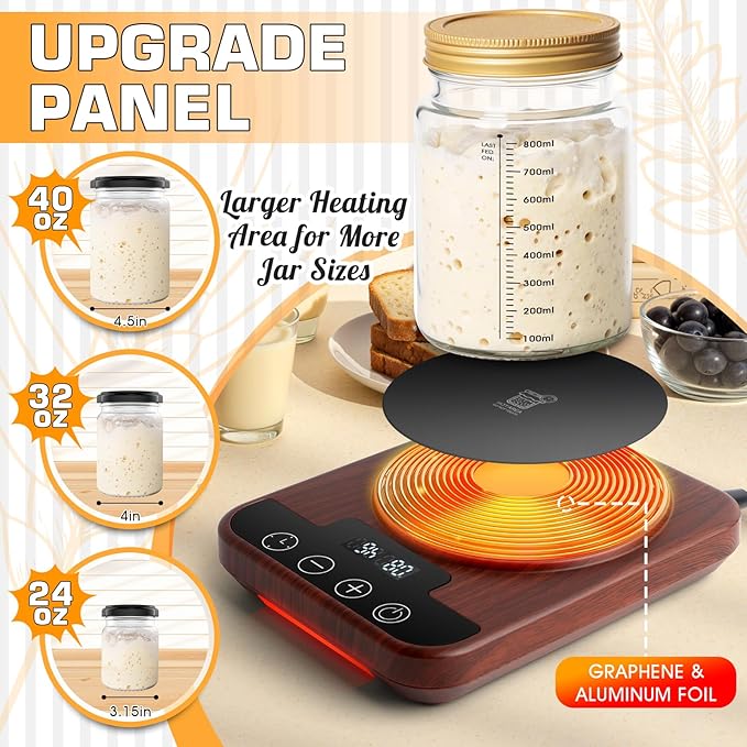 Upgraded Sourdough Starter Warmer, Precise 1°F Thermostat Control (70-100°F) Sourdough Warming Mat, Smart Memory Sourdough Warming for Sourdough Fermentation, 12-Hour Timer (Wood Grain)