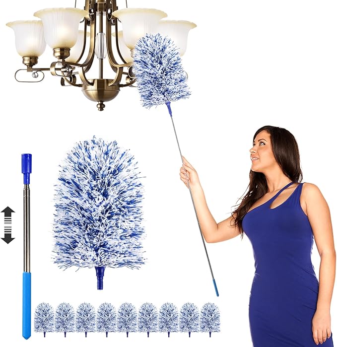 20-49inches Extendable Microfiber Feather Duster with 10pcs Replaceable Heads, Extra Long Bendable Duster for Cleaning, Electrostatic Dust Remove for Furniture, Ceiling, Window,etc (Navy Blue)