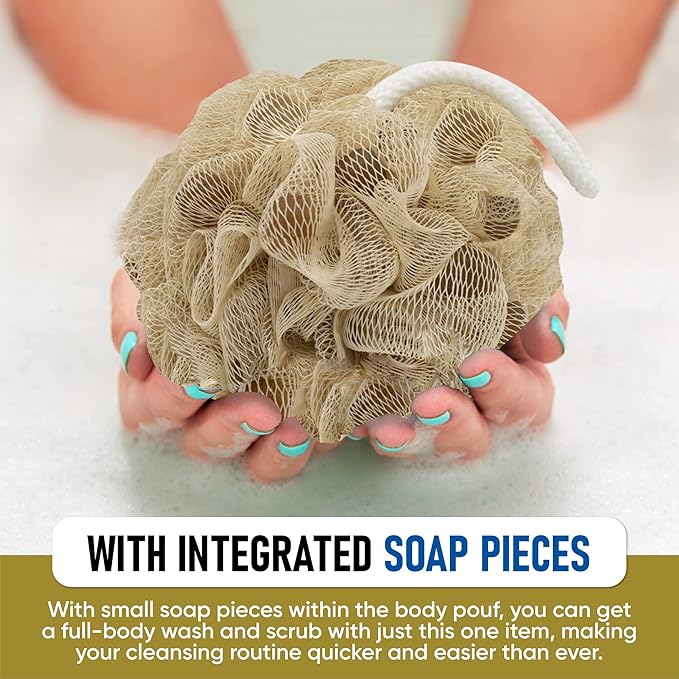 T.Taio Esponjabon Shower Bath Puff Soap Sponge - Loofah Luffa Loufa Body Wash Ball - Mesh Pouf Scrubber for Full Cleanse Lather Skin Care - Essential Beauty Bathroom Accessories - Fresh Oatmeal Scent