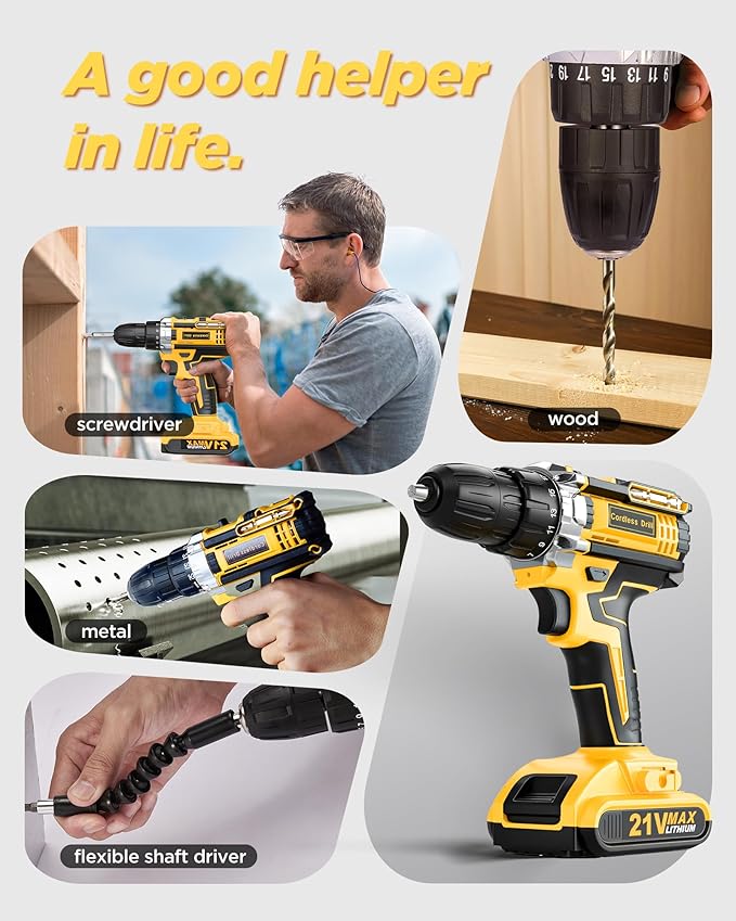 Drill, 21V Cordless Drill with Dual 2.0Ah Power Pack and Charger, Electric Power Drills Set, 3/8 Inch Chuck, 25+1 Torque, 2 Speed 29 Accessories Tool for DIY, Gifts