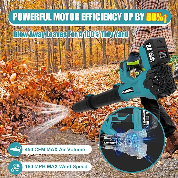 6 Speed Levels Electric Leaf Blower Cordless, 900000RPM Cordless Leaf Blower with 2 X 4.0Ah Batteries and Charger, Leaf Blowers 21V, Battery Lawn Blower for Patio Cleaning, Lawn Care, Blowing Leaves