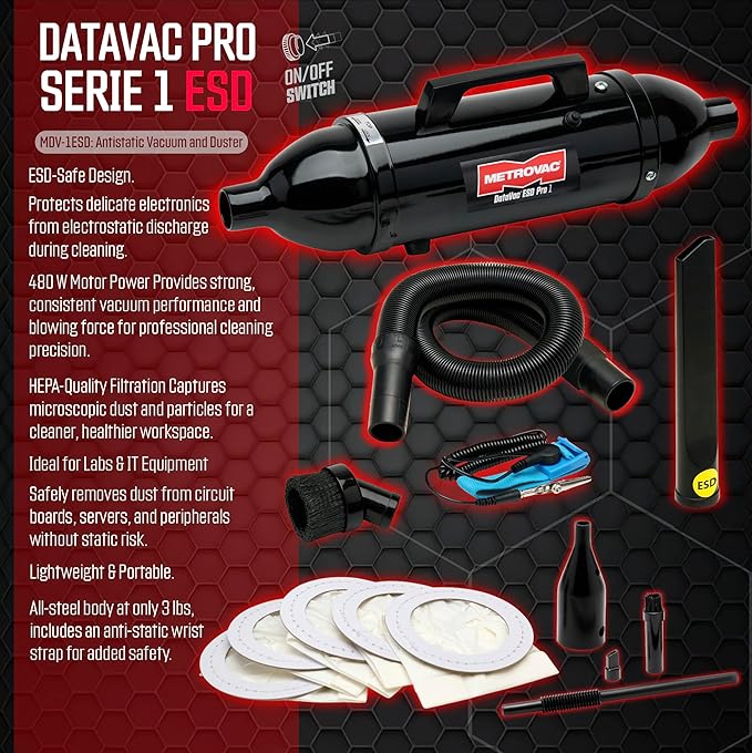 METROVAC DataVac® ESD Safe Pro Series MDV-1ESD, Compact Computer Vacuum & Blower for Electronics, Anti-Static, HEPA Filtration, and Durable