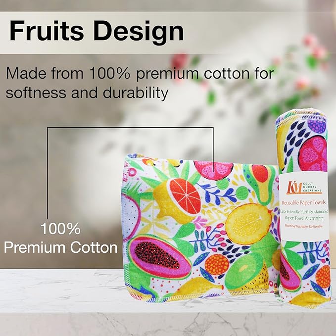 Pack of 10 Reusable Paper Towels | 10x10 Inch Cotton Towels | Kitchen Utensils Print | Eco Friendly, Washable, Quick Drying | Sustainable Cleaning Cloths | Fruits