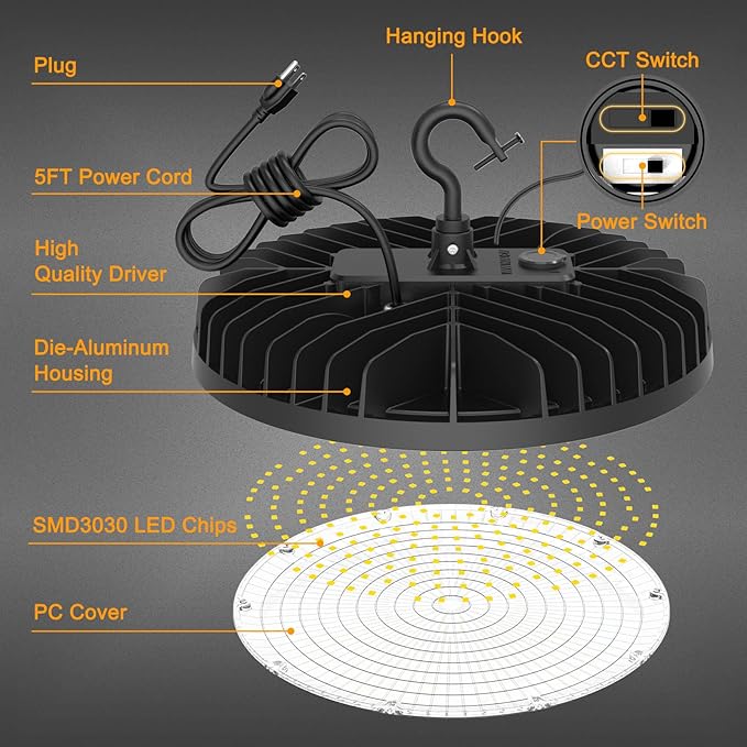UFO LED High Bay Light 240W 190W 140W Adjustable High Bay LED Shop Lights 4500K 5000K 5700K Tunable 0-10V Dimmable for Warehouse Garage ETL DLC Listed AC100-277V (2 Pack)