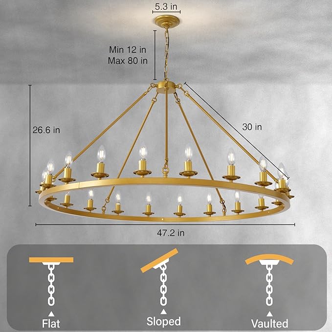 Wagon Wheel Chandelier, 20-Light Gold Modern Rustic Large Farmhouse Chandelier Adjustable Height Light for Ceiling Living Room, Entryways, Foyer,Dining Room, Kitchen