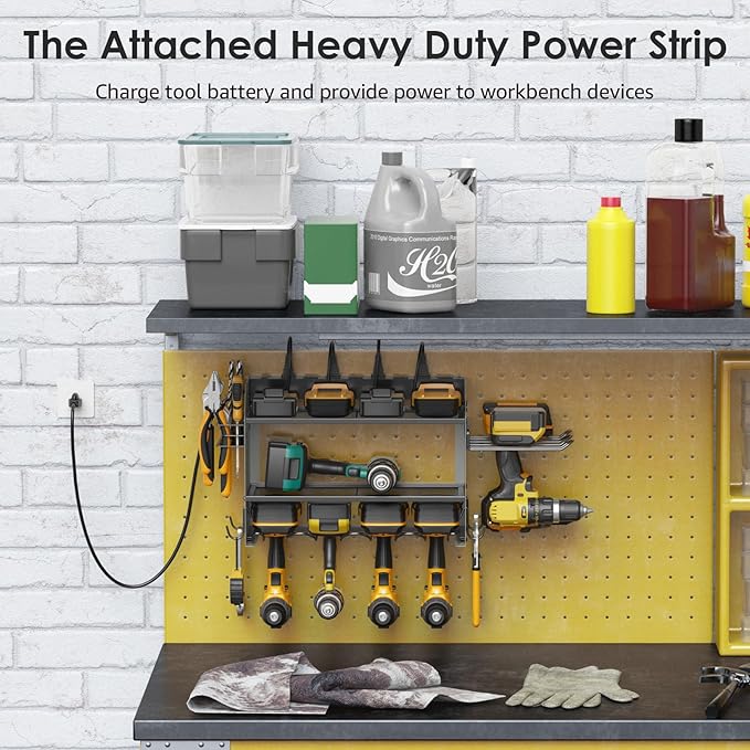 CCCEI Modular Power Tool Organizer Wall Mount Charging Station, Grey 6 Drills Holder with 8 Plug Power Strip 10FT, Garage Drill Battery Heavy Duty Metal Shelf, Utility Rack with Hooks, Side Storage.