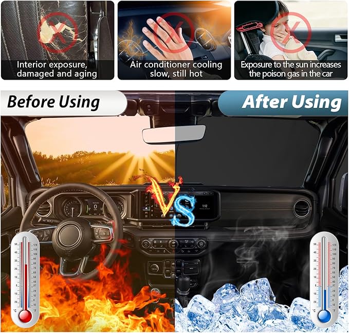 SKTU 2024 2025 2026 Wrangler Front Windshield Sunshade for 2018-2026 Jeep Wrangler 2020-2026 Jeep Gladiator Windshield Sunshade Foldable for Blocks UV Rays and Blocks Heat and Sun Keeps Vehicle Cool