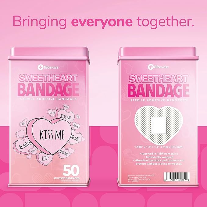 BioSwiss Kids Bandages, Valentine Heart Shaped Self Adhesive Bandage Set, Latex Free, Sterile Wound Care, 50 Count
