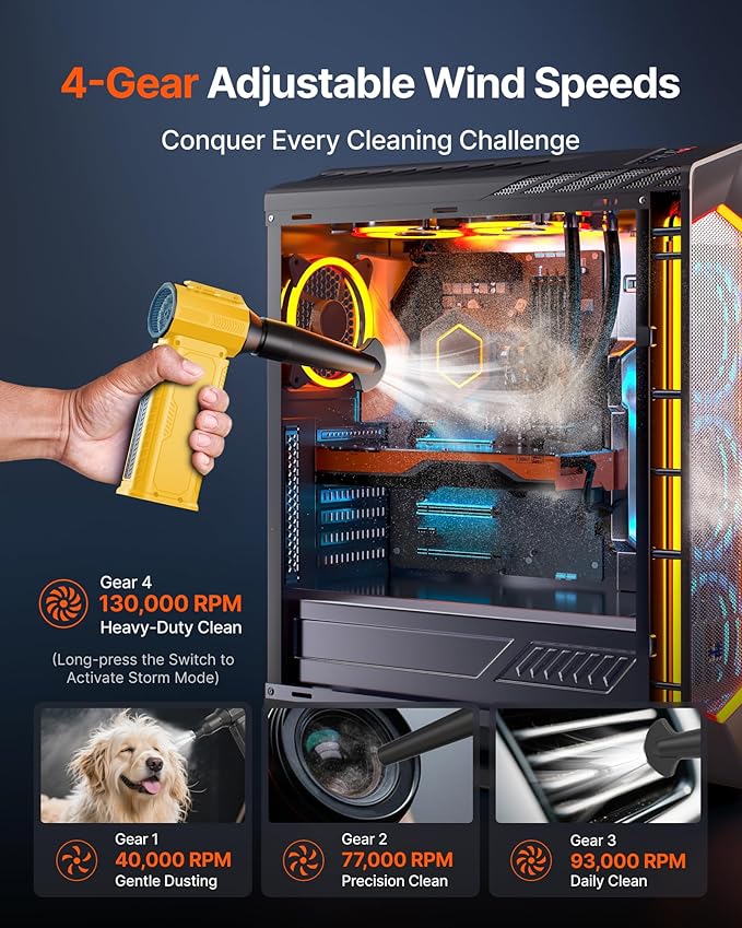 Compressed Air Duster, 130,000RPM Ultra-Powerful Cordless Electric Air Duster with 8000mAh Rechargeable Battery, 4-Gear Adjustable Air Blower for Keyboard, Computer, Car, Home Cleaning - Yellow