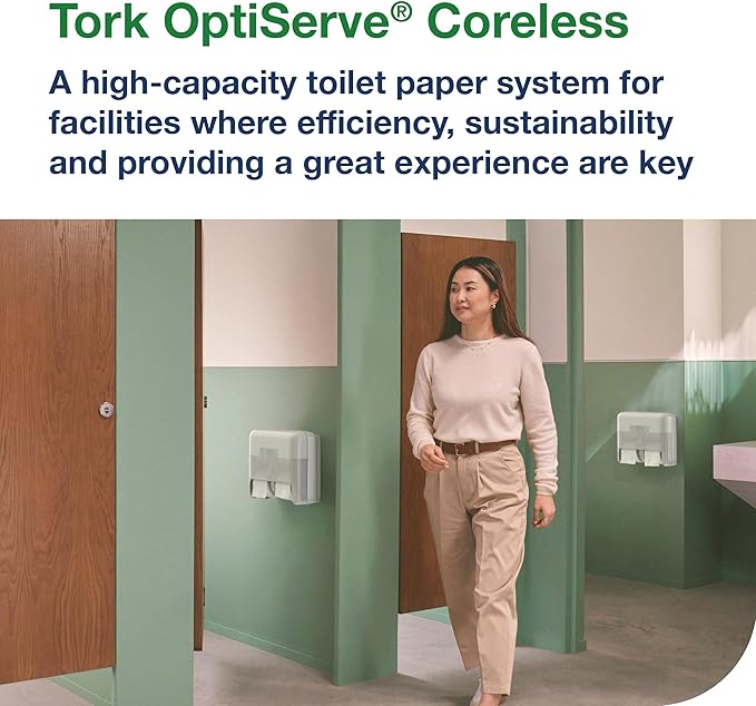 Tork OptiServe 4-Roll Coreless Toilet Paper Dispenser White T7/T5, Vertical Dispenser, Elevation Design + Tork OptiServe Coreless Toilet Paper White T7, Universal, 2 Ply, 36 x 1000 Sheets