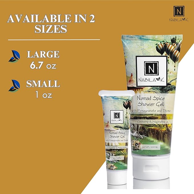 Nabila K Nomad Spice Shower Gel Refreshing Body Wash with Pomegranate & Thyme, 6.7 oz - Naturally Derived, Sulfate-Free, Paraben-Free - Made in the USA