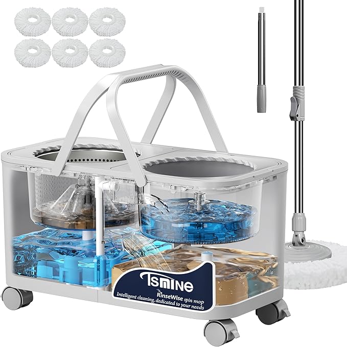 2025 Upgraded Mop Bucket Separate Dirty Water, Hands-Free Floor Cleaning System with 360° Wheels, Wet Dry Mop for Hardwood, Tile & Laminate Floors, 61" Handle & 6 Mop Heads - Grey