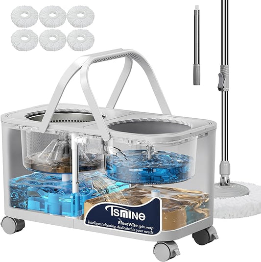 2025 Upgraded Mop Bucket Separate Dirty Water, Hands-Free Floor Cleaning System with 360° Wheels, Wet Dry Mop for Hardwood, Tile & Laminate Floors, 61" Handle & 6 Mop Heads - Grey