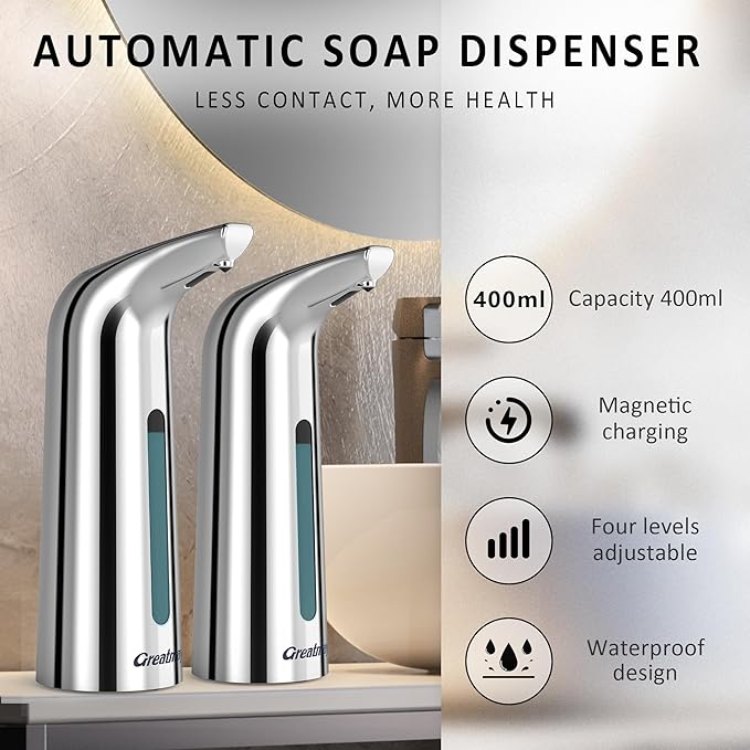 Convenient Automatic Soap Dispenser,4 Adjustable Levels Touchless Hand Sanitizer Pump with Infrared Sensor, 400 ml Countertop Electric Soap Dispenser for Bathroom,Kitchen (Silver+Silver)