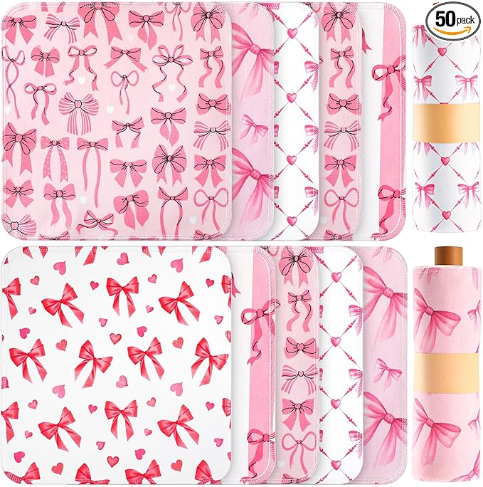 Redbaker 50 Pcs Reusable Paper Towels Paperless Reusable Cotton Cloths Toilet Absorbent Washable Paper Towels with Roll Kitchen Dishcloth for Kitchen Paperless Dishcloths(Pink Bow)