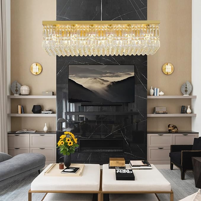 Gold Rectangular Crystal Chandelier 18-Light, Premium K9 Raindrop Chandelier with Adjustable Suspension Chain, Dimmable Hanging Light for Spacious Living Room, Grand Dining Room, 40" L x 10" W