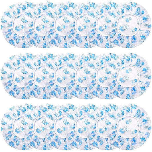18Pcs Plastic Shower Caps for Women Waterproof Bath Caps Bathing Hair Cap Reusable Shower Caps for Shower,Spa,Salon,Housework,Girls,Home,Travel (Blue-Flower)