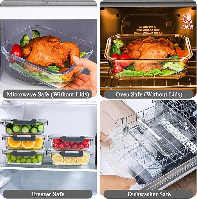 GEHE 5 Pack 36 Oz Glass Food Storage Containers with Lids, Glass Meal Prep Containers, Kitchen Airtight Lunch Storage Containers with Lids, Safe for Freezer, Oven, Dishwasher, BPA Free