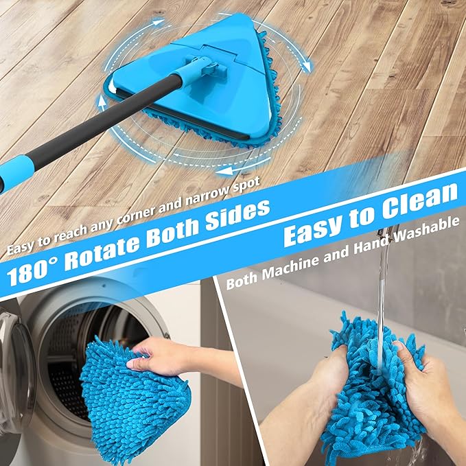 NEWE Wall Mop Cleaner with 80 inches Long Handle, 180° Folding Ceiling Cleaning Tool with Squeegee for Washing Painted Walls, Triangle Baseboard Scrubber with 4 Chenille Duster and 2 Microfiber Pads