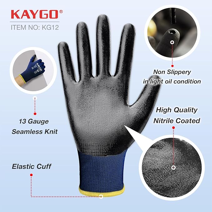 KAYGO Work Gloves Nitrile Coated, 12 Pairs KG12N，Seamless Knit, Protective Safety Work Gloves with Good Grip for General Work,Blue, L