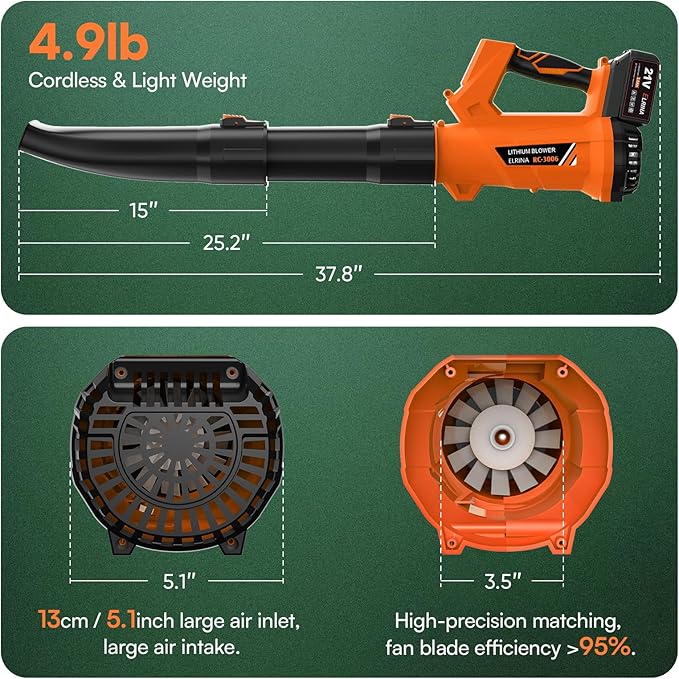 ELRINA Leaf Blower Cordless with 2 x 3.0Ah Batteries and Charger, 6-Speed Mode Lightweight Electric Blowers for Lawn Care, Yard Cleaning, Blowing Leaves, Dust, Snow Green, with Shoulder Straps