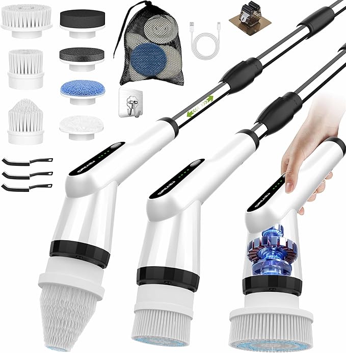 Electric Scrubber Brush, IPX7 Electric Scrubber for Shower, Electric Cleaning Brush Scrubber with 7 Replaceable Brush Heads & Retractable Handle, 2-Speed Adjustable Spin Cleaning Brush