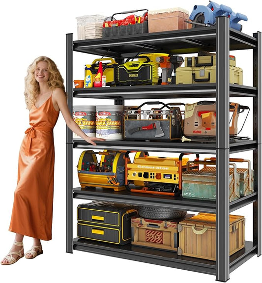 63" H Garage Shelves Heavy Duty Garage Shelving Units, 2500 LBS Capacity Industrial Shelving, Detachable and Adjustable 5-Tier Metal Storage Shelves for Warehouse, Basement, Pantry Closet, Black