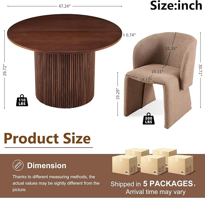 Dining Table Set for 4, 47" Circle Kitchen Table and Brown Upholstered Barrel Dining Room Chairs, Rustic 5-Piece Dinette Set, Engineered Wood Two-Part Tabletop with Walnut Finish