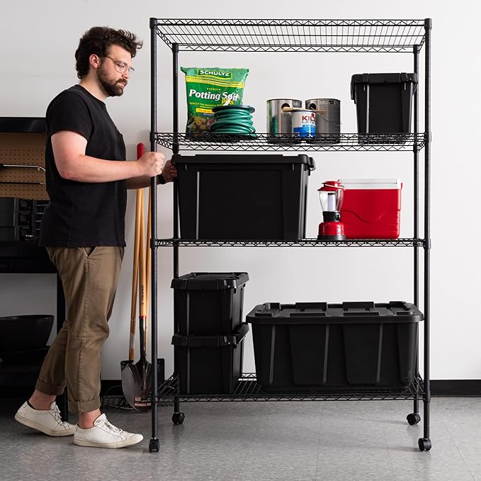 IRIS USA 4-Tier Shelves, 48"L x 18"W x 73"H (Up to 1200 lb), Adjustable Garage Shelving Heavy Duty, Metal Storage Shelves Wire Rack, Removable Locking Wheel, Shed Office Kitchen Garage Organizer Shelf