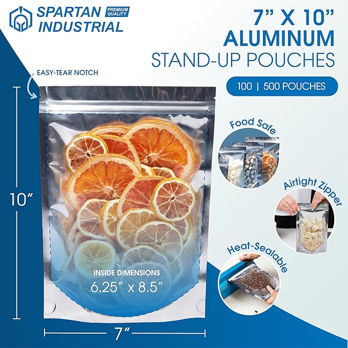 Spartan Industrial - 7" X 10" Aluminum Stand-Up Pouches - Pack of 500 Resealable Silver Bags for Smell-Proof Food Storage and Packaging, Cosmetics, Handmade Goods, and More